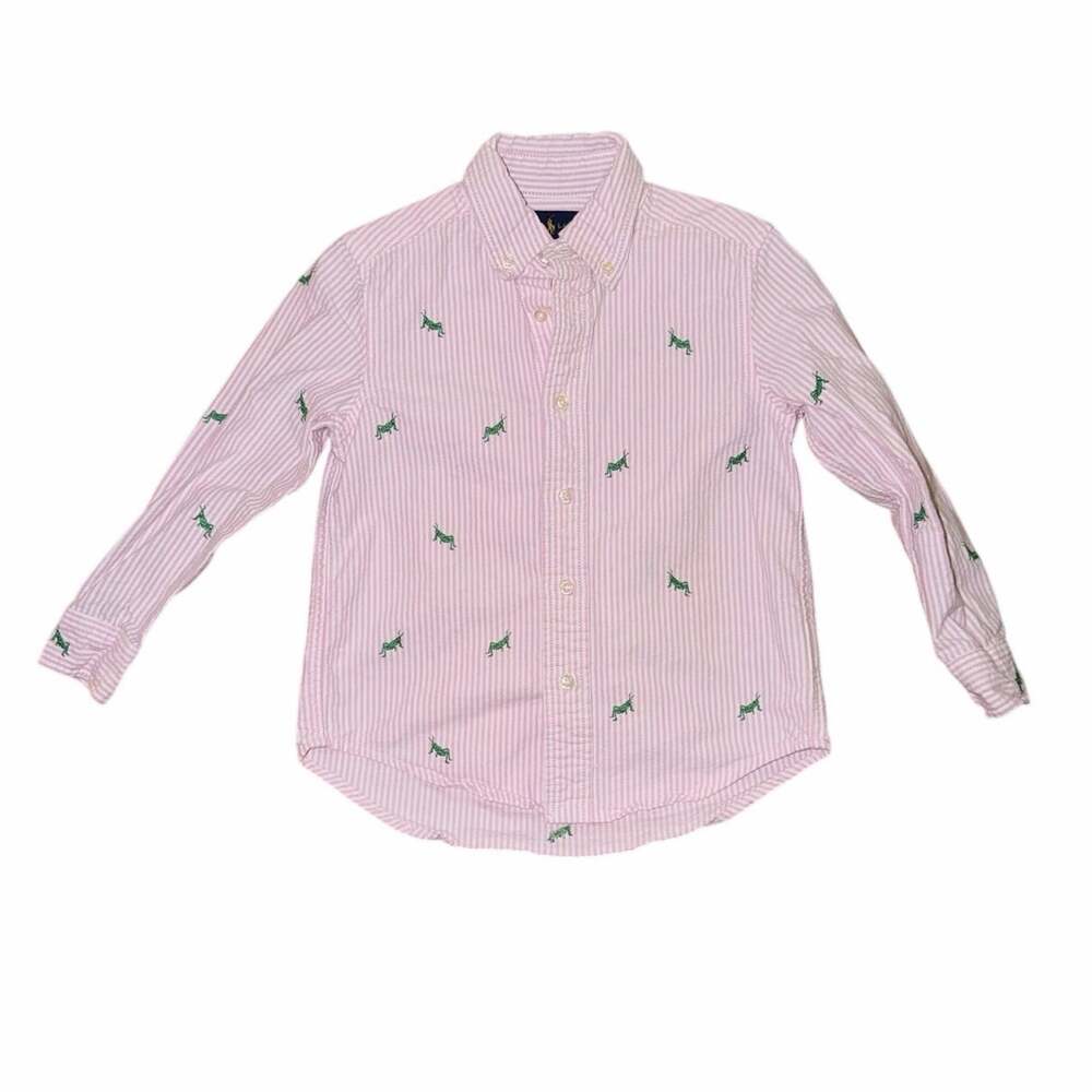 Ralph Lauren pink stripe button front long sleeve shirt embroider grasshoppers